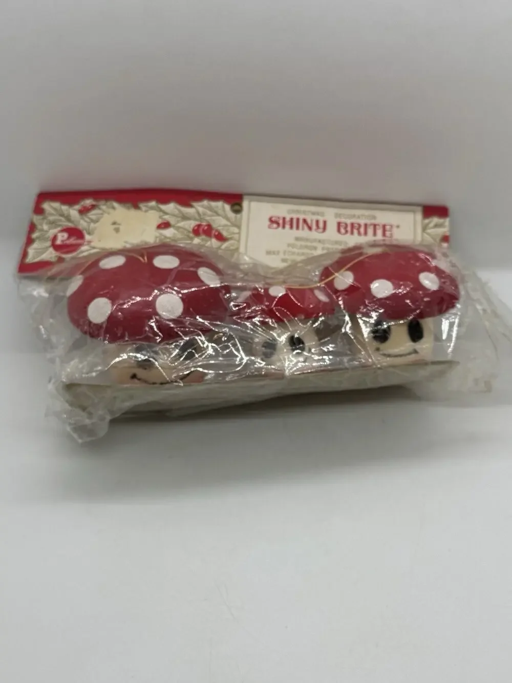 Vtg Very Rare Shiny Brite Flocked Mushroom Ornaments 3 Pc Japan Carded Christmas